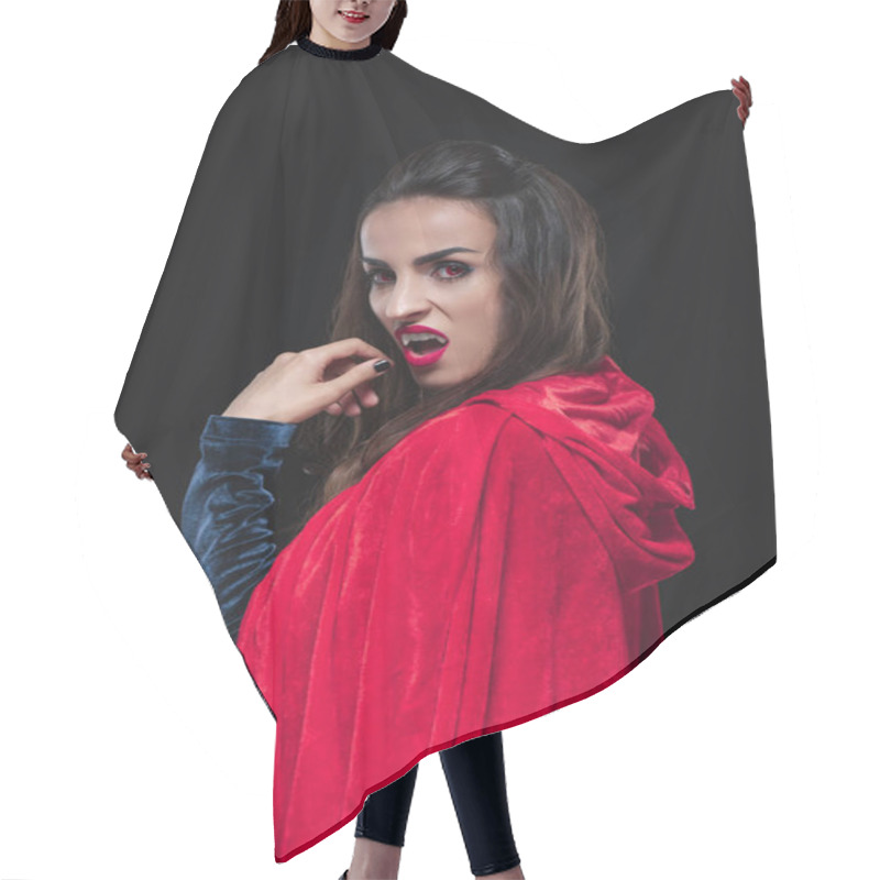 Personality  Dreadful Vampire Woman In Red Cloak Showing Her Teeth Isolated On Black Hair Cutting Cape