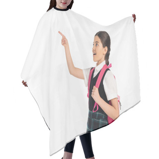 Personality  Amazed Schoolgirl Posing With Finger Away, Looking At Something, Standing With Backpack, Student Hair Cutting Cape