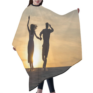 Personality  Silhouettes Of Man And Woman Running On Beach Against Sun During Sunset Hair Cutting Cape