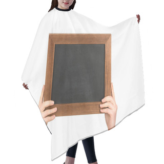 Personality  Woman Holding Empty Chalkboard Isolated On White Hair Cutting Cape