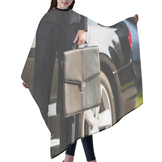 Personality  Cropped View Of Ambassador Standing Near Car With Briefcase  Hair Cutting Cape