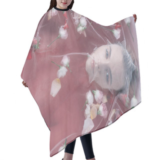 Personality  Top View Of Beautiful Woman Covered With White Mesh Cloth In Pink Water With Rose Petals  Hair Cutting Cape