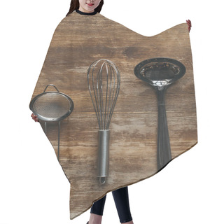 Personality  Top View Of Metallic Kitchen Utensils On Wooden Table Hair Cutting Cape