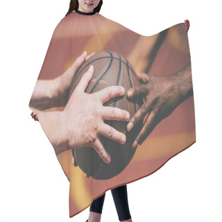 Personality  Partial View Of Man Giving Basketball Ball To Old African American Friend Hair Cutting Cape