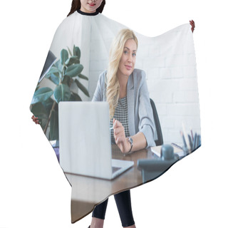 Personality  Happy Businesswoman Sitting Near Laptop And Looking At Camera Hair Cutting Cape