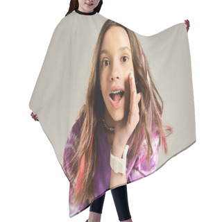 Personality  A Stylish And Lively Teenage Girl Striking A Comical Pose, Hand Held Up To Face In A Funny Expression. Hair Cutting Cape
