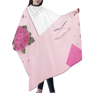 Personality  Laptop, Roses, Small Papr Hearts And Other Accessories On The Pink Background, Top View Hair Cutting Cape
