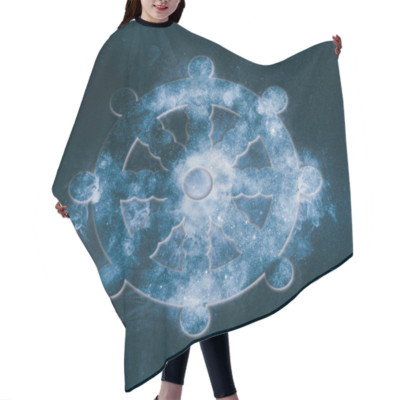 Personality  Dharma Wheel Symbol Buddhism. Abstract Night Sky Background. Hair Cutting Cape