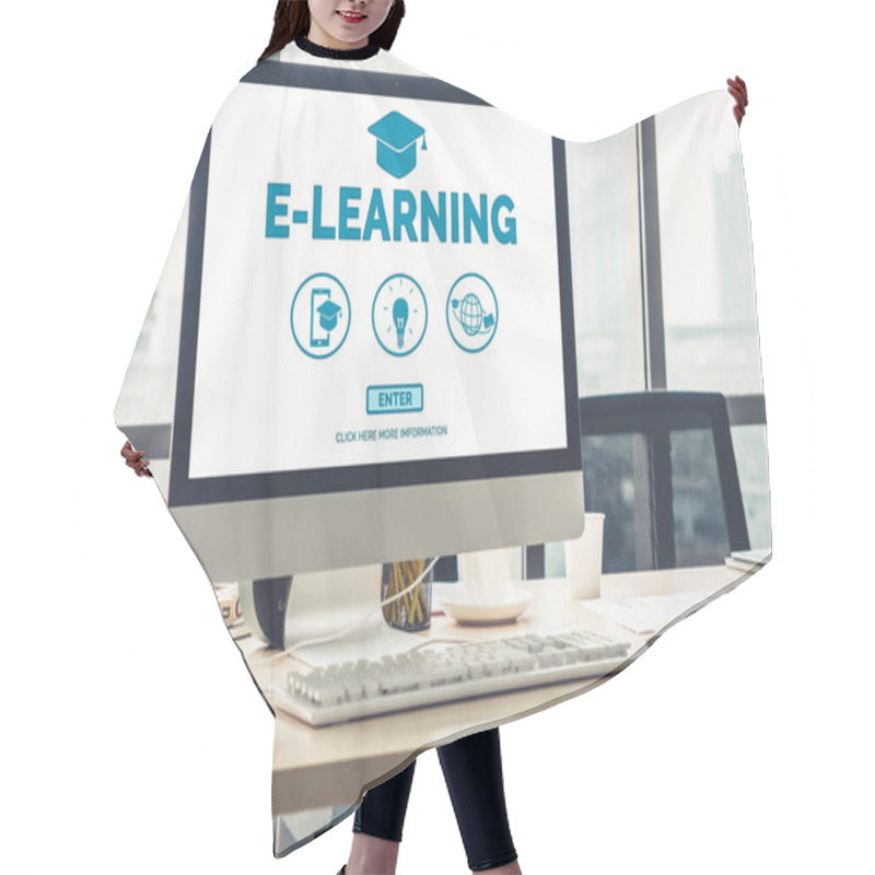 Personality  E-learning And Online Education For Student And University Concept. Video Conference Call Technology To Carry Out Digital Training Course For Student To Do Remote Learning From Anywhere. Hair Cutting Cape
