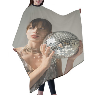 Personality  Stylish Woman In Shiny Top Holding Disco Ball Isolated On Grey Hair Cutting Cape