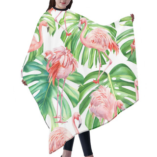 Personality  Watercolor Tropical Seamless Pattern With Pink Flamingo And Palm Leaves, Monstera Leaf. Jungle Design Hair Cutting Cape