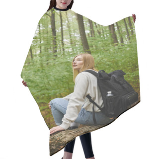 Personality  Back View Portrait Of Adventurous Blond In Comfy Sweater Discovering A Scenic Forest Overlook Hair Cutting Cape