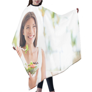 Personality  Healthy Lifestyle Woman Eating Salad Smiling Happy Hair Cutting Cape