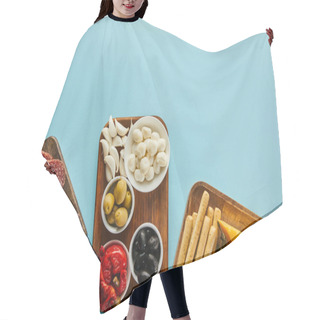 Personality  Top View Of Boards With Salami Slices And Antipasto Ingredients On Blue Background Hair Cutting Cape