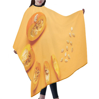 Personality  Top View Of Ripe Sliced Pumpkin With Seeds On Orange Background  Hair Cutting Cape