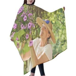 Personality  Senior Woman Tends Flowers Hair Cutting Cape
