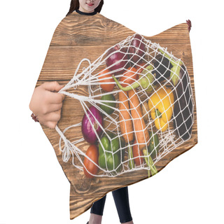 Personality  Cropped View Of Woman Holding String Bag With Fresh Ripe Vegetables On Wooden Table Hair Cutting Cape