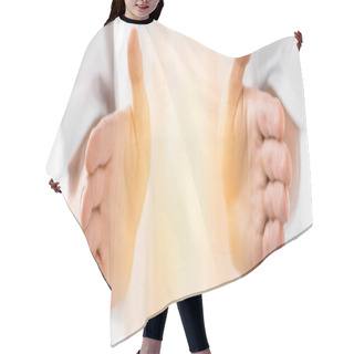 Personality  Panoramic Shot Of Healer Cleaning Aura On White Hair Cutting Cape