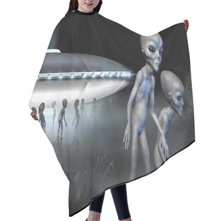 Personality  Flying Saucer And Two Grey Realistic Alien In Space. 3D Characters. Digital Illustration. Hair Cutting Cape