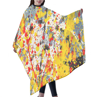 Personality  Bright Background Graphic Image. Dripping. Expression. Multicolored Color Spill Blemish. Mixing Colors. Orange Black White Red Yellow . On The Concrete Texture. Horizontal Orientation. Top View. Flat Lay. Hair Cutting Cape