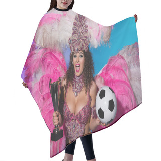 Personality  Bright Woman In Carnival Costume With Pink Feathers Holding Soccer Ball And Winner Cup On Blue Background Hair Cutting Cape