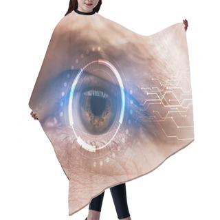 Personality  Close Up View Of Mature Human Eye With Data Illustration, Robotic Concept Hair Cutting Cape