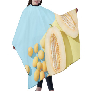 Personality  Top View Of Fresh Sweet Apricots And Halved Melon On Blue And Yellow Background Hair Cutting Cape