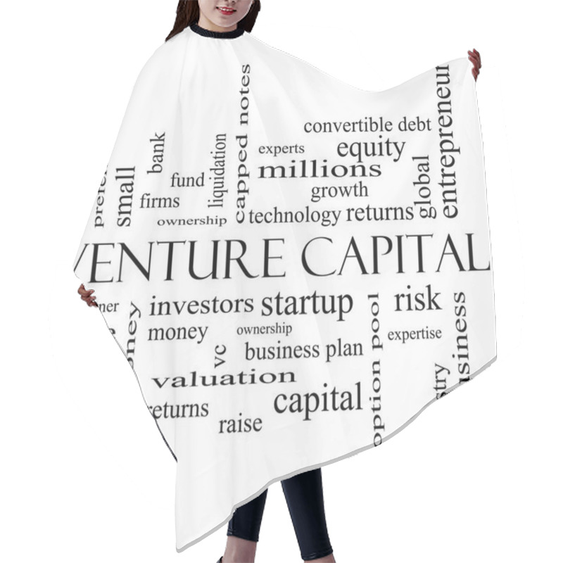 Personality  Venture Capital Word Cloud Concept in black and white hair cutting cape