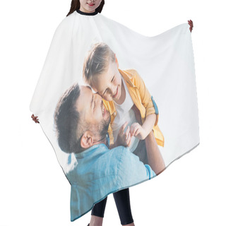 Personality  Happy Father Hugging Adorable Smiling Little Son In Park  Hair Cutting Cape