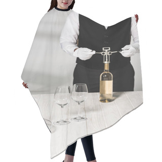 Personality  Partial View Of Waiter In White Gloves Opening Bottle Of Wine With Corkscrew Hair Cutting Cape