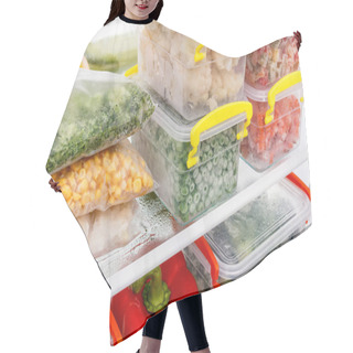 Personality  Frozen Food In The Refrigerator. Vegetables On The Freezer Shelves. Hair Cutting Cape