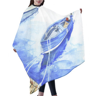 Personality  Hand Painted Watercolor Blue Boat In The River 14 X 14 Inches 300 Dpi Hair Cutting Cape