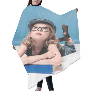 Personality  Kid Girl Leaning On Book And Looking Up Hair Cutting Cape