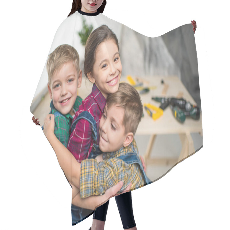 Personality  Happy kids hugging hair cutting cape