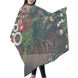 Personality  Top View Of Different Twigs With Green Leaves On Florist Table Hair Cutting Cape