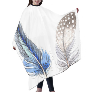 Personality  Watercolor Blue And Black Bird Feather From Wing Isolated. Aquarelle Feather For Background. Watercolour Drawing Fashion. Isolated Feathers Illustration Element. Hair Cutting Cape