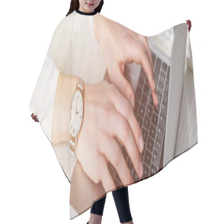 Personality  Partial View Of Woman Typing On Laptop Keyboard Hair Cutting Cape