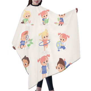 Personality  Children's Activities. Set Of Kids In Various Poses. Children Draw, Play, Sing, Dance, Play Music, Read. Kids At The Art Classes. Hair Cutting Cape
