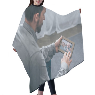 Personality  Cropped View Of Man Sitting And Looking At Photo In Frame With Mature Man At Home, Grieving Disorder Concept Hair Cutting Cape