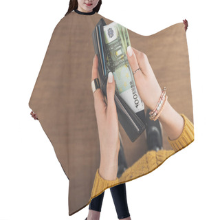 Personality  Top View Of Woman Taking From Wallet Euros Banknotes On Wooden Background Hair Cutting Cape