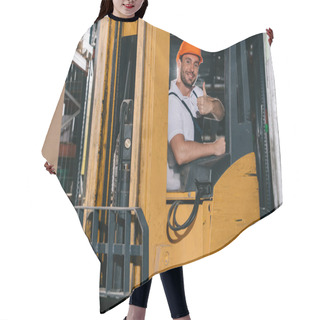 Personality  Smiling Warehouse Worker Showing Thumb Up And Looking At Camera While Operating Forklift Loader Hair Cutting Cape