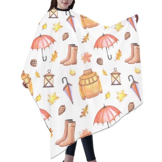 Personality  Seamless Pattern With Cozy Sweaters, Rubber Boots, Umbrellas, Lanterns, Pine Cones And Autumn Leaves. Watercolor Isolated On White Background. Hair Cutting Cape