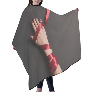 Personality  Partial View Of Female Hand With Red Ribbon On Black Background Hair Cutting Cape