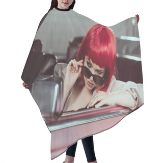 Personality  Beautiful Stylish Girl In Red Wig Adjusting Sunglasses And Looking At Car Mirror Hair Cutting Cape