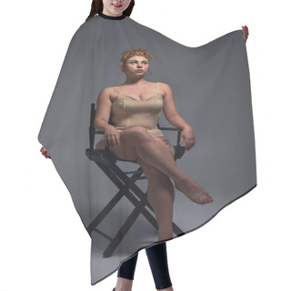 Personality  Full Length Of Redhead Plus Size Woman In Beige Underwear Sitting On Chair And Looking Away On Grey Hair Cutting Cape