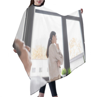 Personality  Side View Of Upset Woman Standing Near Blurred Sick Dad In Hospital Ward  Hair Cutting Cape