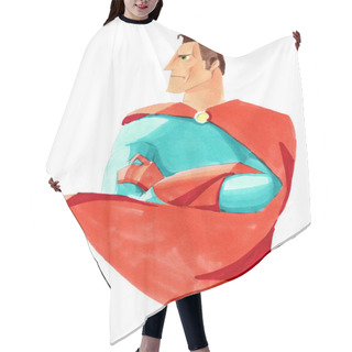 Personality  Watercolor Illustration. The Superhero In Profile Is Standing With Fluttering Red Coat Hair Cutting Cape