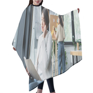 Personality  Businesswoman With Disability Looking At Documents And Talking On Smartphone Near Blurred African American Colleague, Banner Hair Cutting Cape