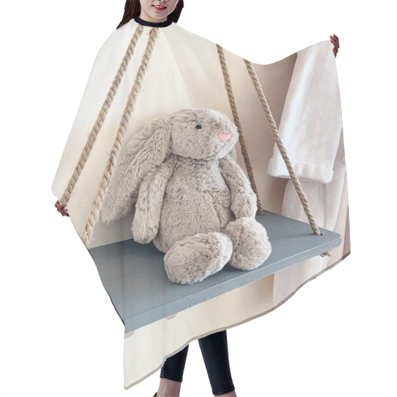 Personality  Stuffed Animal On A Swing In A Child's Bedroom. Cute Cuddly Bunny Rabbit Toy.  Hair Cutting Cape