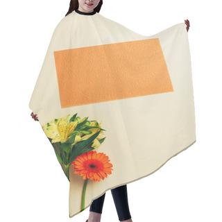 Personality  Top View Of Blank Orange Banner, Lily Flowers And Gerbera Arranged On Beige Backdrop Hair Cutting Cape
